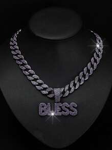 1pc Punk Rock Cuban Link Necklace For Men & Women - Shiny BLESS Pendant With Rhinestone Accents, Golden-Tone Chain, Unisex Hip Hop Jewelry Gift For Birthday, Mother's Day, Father's Day