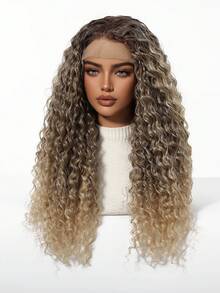 13*3.5 高清蕾丝前假发 22 英寸棕色渐变卷曲合成发 - 中分/侧分波浪假发，优雅自然发际线，柔软，适合日常、角色扮演、派对万圣节服装