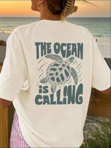 海洋在召唤印花夏季大码女式超大短袖上衣和条纹短裤套装，大码两件套，夏季两件套