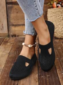 Women's Round Toe Knitted Flat Casual Sneakers, Comfortable Everyday Walking Slip-On Loafers, Suitable For Mothers