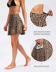 Traje de baño de falda alta con bolsillos con cremallera y control de barriga para mujer, Bottom de tankini - Leopardo - Ver 3