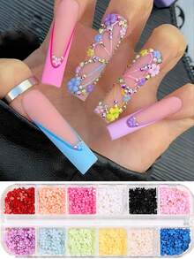 12色 - 12格套装花朵美甲装饰，金色银色钢球珠宝水钻指甲饰指甲配件指甲装饰DIY指甲宝石指甲用品指甲 - 彩色 - 查看 2