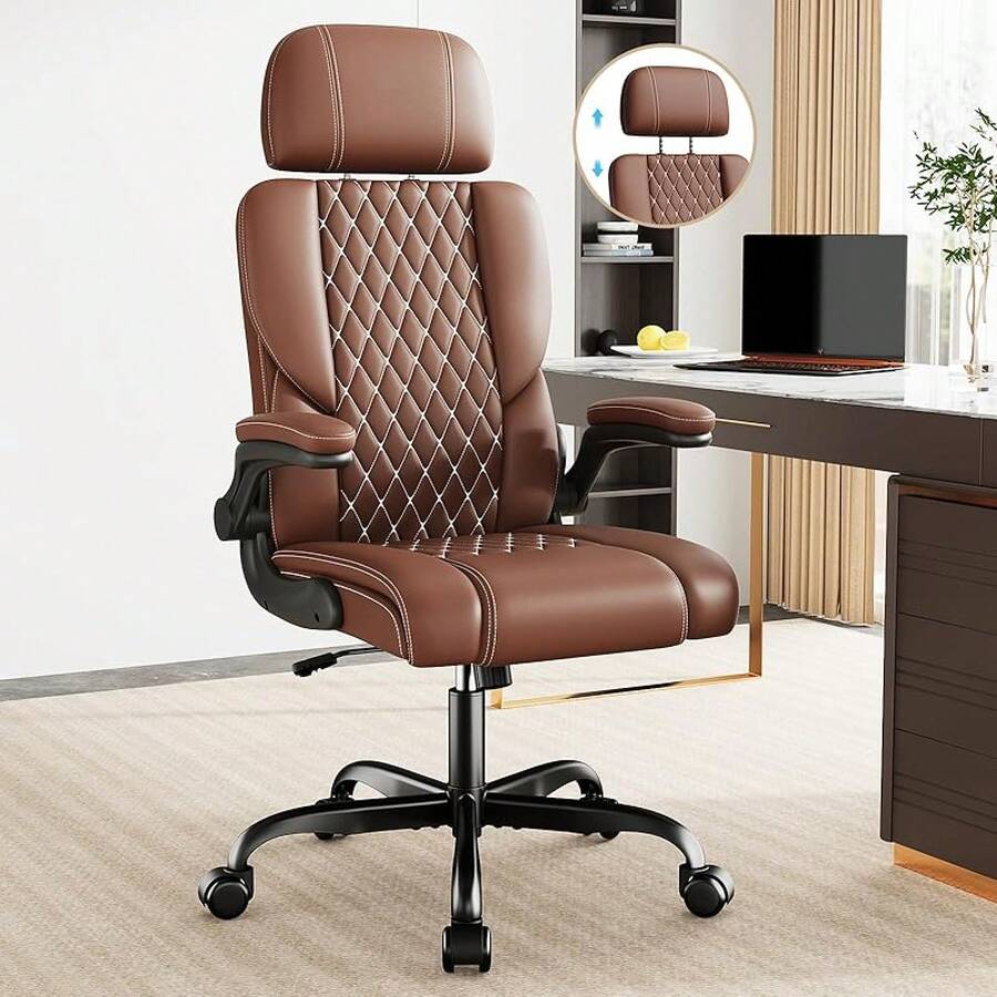 Sytas Executive Leather Office Chair, Comfy Desk Chair With Adjustable Headrest & Flip-Up Padded Arms & Lumbar Support, Adjustable Hight And Tilt, Rolling Swivel, Brown - Brown - View 1