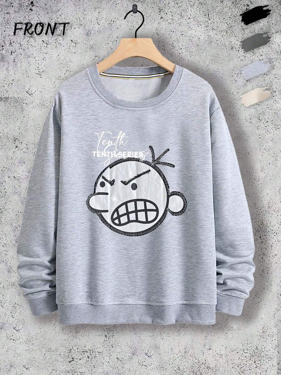 TENTH Series Angry Cartoon Print, 100% Polyester Fiber, Fun Men's And Women's Hoodies, Fashion College Hoodie Classic Round Neck, Casual Fashion Multifunctional Commuting Sports Soft Print Men's Multifunctional Long Sleeved Comfortable Hoodie - Light Grey - View 1