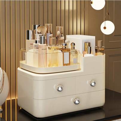 Makeup Storage Box, High-End Bedroom Vanity Organizer, Plastic Cosmetic Holder For Skincare Products & Lipsticks