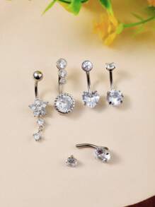 5pcs Stainless Steel Short Navel Rings Set, Women's Classic Belly Button Piercing Jewelry With Heart Shaped Flower & Shining Zirconia