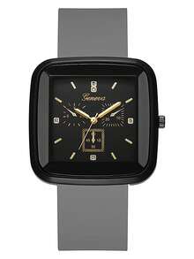 1 件 Lassic 方形石英表硅胶表带锌合金指针锌合金表壳三个小表盘运动手表男女款