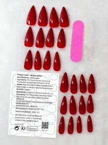 24 unghie finte rosse lucide a tinta unita con tacco a spillo medio, 1 lima per unghie, 1 adesivo per colla e 1 bastoncino
