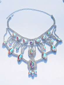 1pc Women's Exaggerated AB Crystal Long Necklace, Fashionable Bridal Wedding Shiny Jewelry Accessory, Valentine's Day Gift