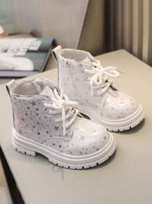1 Paar unisex weiche, rutschfeste Stiefel, vielseitig modische Kinder-Knöchelstiefel mit Seitlichem Reißverschluss, glänzend lederene wasserfeste römische Schnürstiefel für Babys, geeignet für Frühling, Herbst und Winter