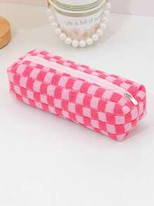 Students' Plush Knitted Checkered Pencil Case, Simple Storage Pouch, Cosmetic Bag, Back To School, School Supplies, Pencil Pouch, School Bag
