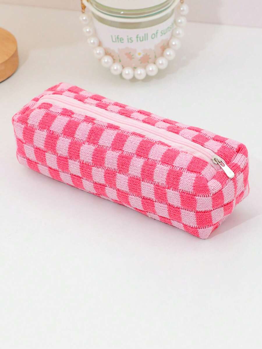 Students' Plush Knitted Checkered Pencil Case, Simple Storage Pouch, Cosmetic Bag, Back To School, School Supplies, Pencil Pouch, School Bag