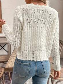 Elegant & Cute Plus Size Lady Knit Sweater, Long Sleeve, Solid Color, Hollow Out Design, Casual & Versatile, Suitable For Outing, Plus Size Women Cardigan
