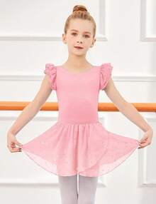 Girls Ruffle Sleeve Ballet Dance Dress Tutu Skirted Leotard