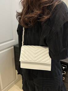 1 件简约百搭纯色 V 形压花 PU 皮革女士斜挎方形包，优雅时尚奢华珍珠链带迷你单肩包，适合女性日常约会、购物，也可作为礼物 - 白色 - 查看 5