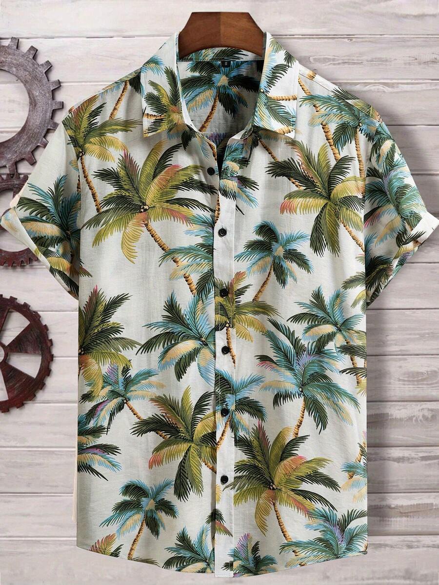 FREDD MARSHALL Cotton Men's Tropical Floral Print Turndown Collar Button Front Short Sleeve Casual Hawaii Shirt For Summer And Vocation&Holiday - 白色 - 查看 1