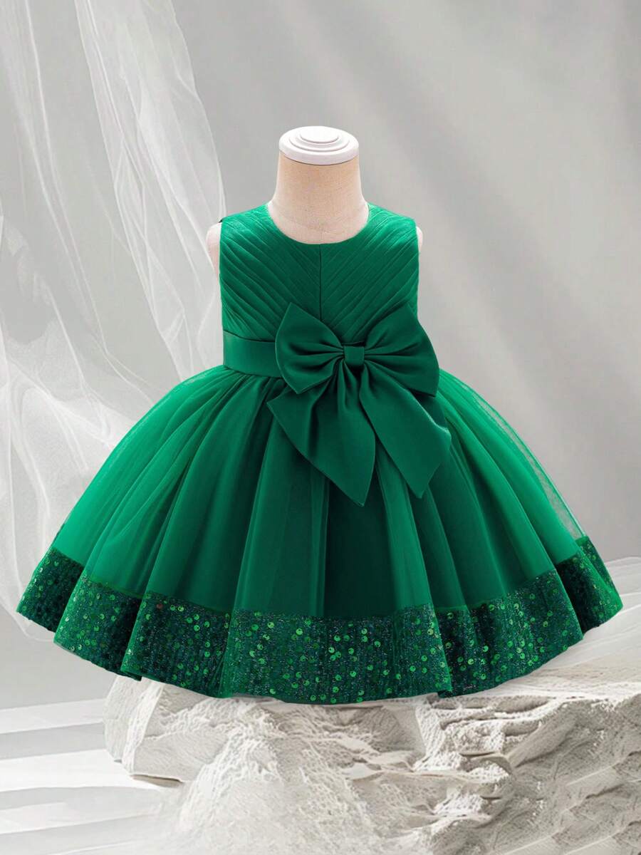 Baby Girls Ball Gown Dress Sleeveless Round Neck Sequins Hem Tulle Patchwork A-Line Dresses Toddler Party Dress Formal Dress Toddler Birthday Wedding Dress - 綠色 - 查看 1