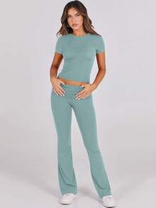 ANRABESS Lounge Sets For Women 2 Piece Foldover Yoga Flare Leggings Pants Crop Tops Casual Y2K Outfits Matching Tracksuit Set - 綠湖 - 查看 2