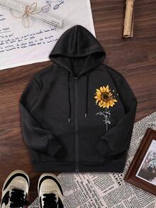 女装秋冬趣味“向日葵蝴蝶字母”图案印花常规小众简约时尚休闲宽松大码前拉链连帽卫衣