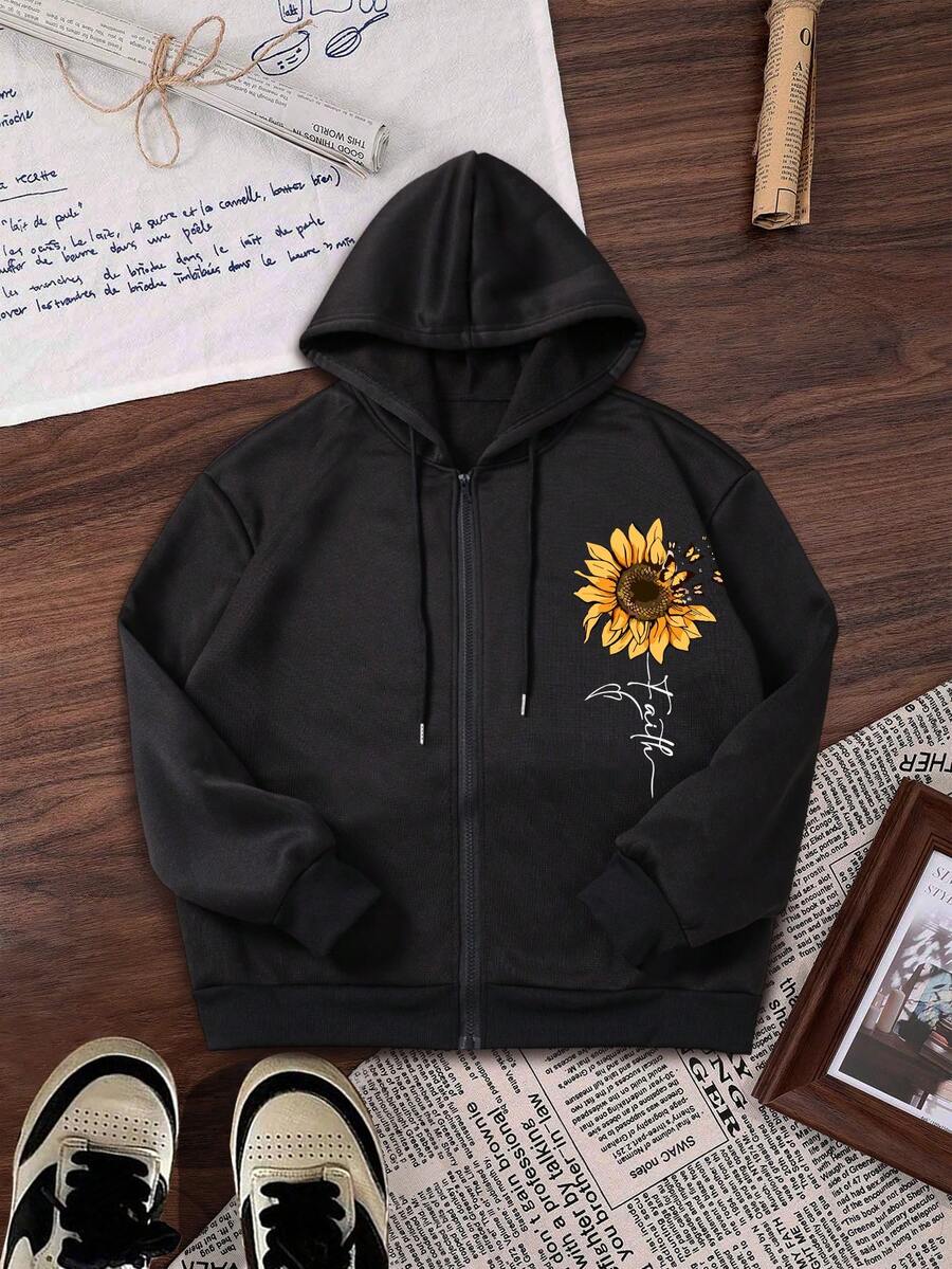 女装秋冬趣味“向日葵蝴蝶字母”图案印花常规小众简约时尚休闲宽松大码前拉链连帽卫衣