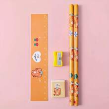 2 Stück/4 Stück (5-teiliges Schreibwaren-Set) - beinhaltet 2 Bleistifte, 1 Radiergummi, 1 Bleistiftspitzer, 1 Lineal + 1 Stück Bleistiftgriff - tragbare Geschenkbox, geeignet für Schule und Abschluss, Schulmaterial | Lustiges Design | Schreibwaren, Bürobedarf-Set, Schulmaterial, Rückkehr zur Schule