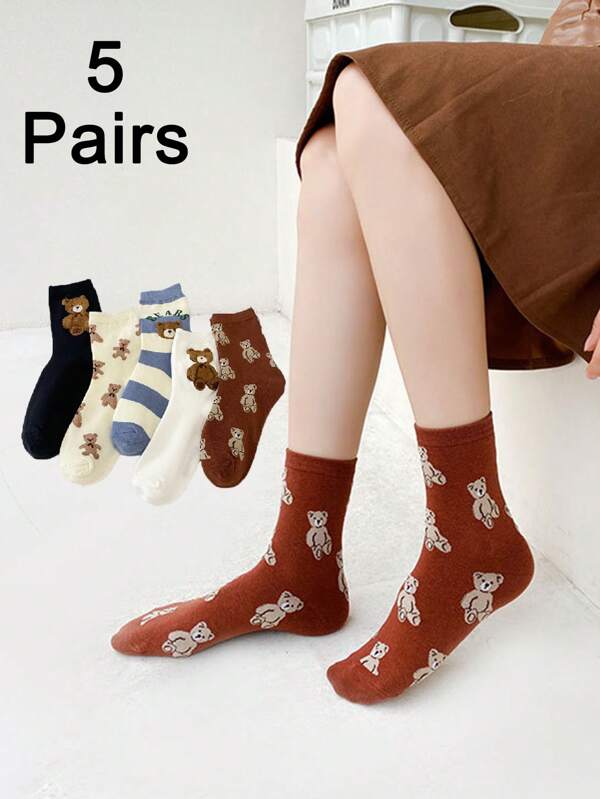 5 pares de calcetines de media caña cálidos y acogedores con oso de peluche para mujeres, el lindo oso te mantiene caliente en otoño/invierno