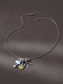 1 件休闲时尚水钻向日葵、瓢虫、玛丽亚串珠男女通用不锈钢项链，适合女性约会、街头风格、夜店 - 銀色 - 查看 5