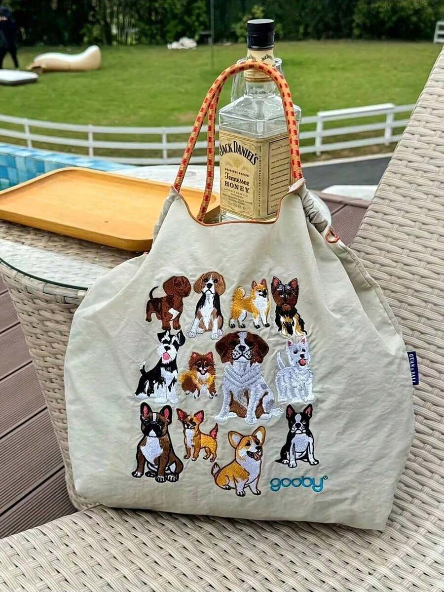 1 chiếc túi mua sắm gấp gọn, thời trang mới, thêu hình chó dễ thương, chất liệu nylon nhẹ, dung tích lớn, thích hợp cho tiệc tùng, du lịch, mua sắm và đi biển. - Nhiều màu - Xem 1