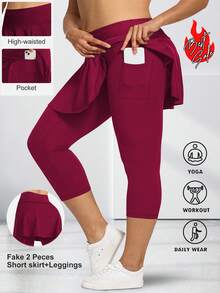 Plus Size Capris For Women With Pockets Burgundy Legging  With Skirt Buttery Soft For Yoga  Tennis Running   Spring Summer Clothes - Rượu vang đỏ - Xem 4