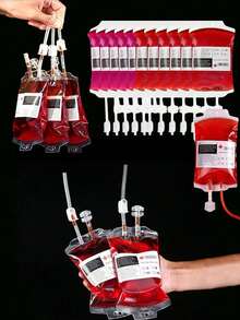 5pcs/Pack Halloween Double Pipes Blood Bag For Drinks, Vampire Party Decorations Supplies, Prank Gift, Haunted House Prop, Suitable For Beverage Candy Chocolate Cookies Etc (350ml/12oz) - Multicolor - View 1