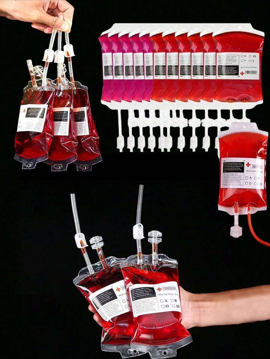 5pcs/Pack Halloween Double Pipes Blood Bag For Drinks, Vampire Party Decorations Supplies, Prank Gift, Haunted House Prop, Suitable For Beverage Candy Chocolate Cookies Etc (350ml/12oz) - Multicolor - View 1