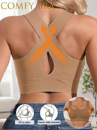 舒适文胸女士性感交叉棕色文胸软杯无钢圈文胸 U 领可拆卸胸垫无缝不透明露背内衣无痕内衣短款上衣贴身背心训练文胸透气面料宽肩带适合派对婚礼或健身瑜伽跑步和运动场所穿着