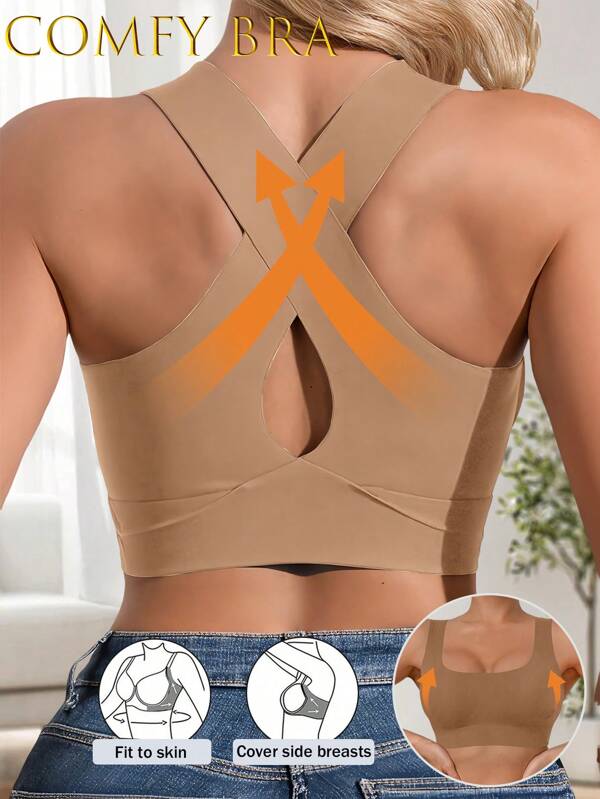 Comfy Bra Women Sexy Criss Cross Brown Bras Soft Cups Wireless Bralette U Neck Removable Padding Seamless Not Transparent Backless Lingerie Traceless Underwear Crop Tops Intimates Tank Top Training Bra Breathable Fabric Wide Straps Suitable For Party Wedding Or Dress For Fitness Yoga Running And Sports Venues