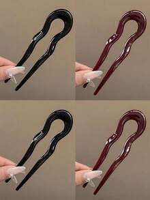 4pcs U-Shaped Hair Clips, Fashion Tortoiseshell Acetate Fiber Hair Clips, Geometric Design Hair Accessories, Hair Bun Maker, Hair Clips, Hair Styling Accessories For Women & Girls, Head Accessories - Multicolor - View 15