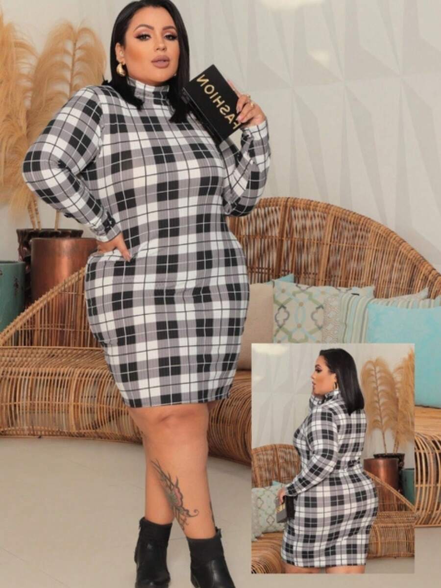 Women's Plus Size Dress Long Sleeve High Neck Elegant Premium Ribbed Fabric - 黑與白 - 查看 1