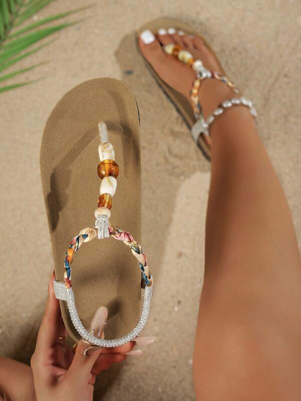 Damen neue Sommer Silber Vintage Boho Perlen geflocht T-Riemen Flache Sandalen, Damen bequeme Strand Urlaub Lässig Outdoor französische einfache flache Sandalen