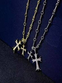 Halskette mit Kreuz, vergoldet/versilbert Anhänger mit doppeltem Kreuz, zarter Diamant-Kreuz Dekor an der Gliederkette, diskreter Choker, delikater Glaubensschmuck, religiöse Geschenke für Frauen