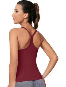 Workout Tops Women With Built In Bra, Sleeveless Gym Tops Seamless Racerback Athletic Yoga Shirts, Activewear - 酒紅色 - 查看 5