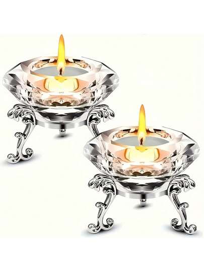 2 件/套透明水晶钻石烛台，带抛光金属支架 - 非常适合家庭、办公室和派对装饰，实用的圆形展示架，金属底座，水晶玻璃烛台，钻石形婚礼浪漫烛台，烛台配件