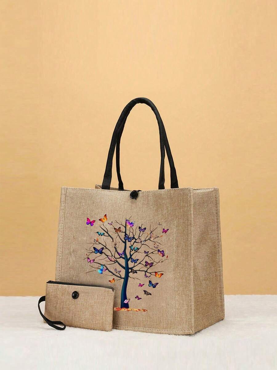 Bộ 2 túi tote in hình bướm màu hồng, vải bố bền chắc với họa tiết thời trang, bao gồm ví đựng tiền xu tiện dụng, hoàn hảo cho việc mua sắm, du lịch và phiêu lưu trên bãi biển, túi đa năng dành cho nữ, thích hợp cho việc sử dụng hàng ngày, du lịch, mua sắm, làm việc, tặng quà - Màu Khaki - Xem 1