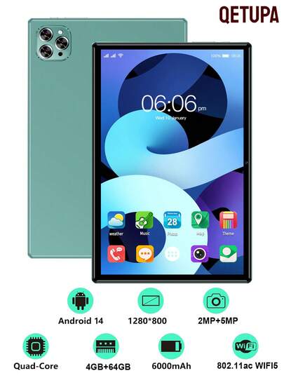 Qetupa 2025 Model 10.1 Inch High-Performance Tablet PC, 4GB+64GB, Android 14 System, Supports 802.11ac Wi-Fi, Quad-Core MTK 6755 1.3GHz Processor, 1280*800 IPS HD Large Screen, 6000mAh Battery (Adapter Not Included), Supports Widevine L1, 2MP Front Camera, 5MP Rear Camera (Does Not Support SIM Card)