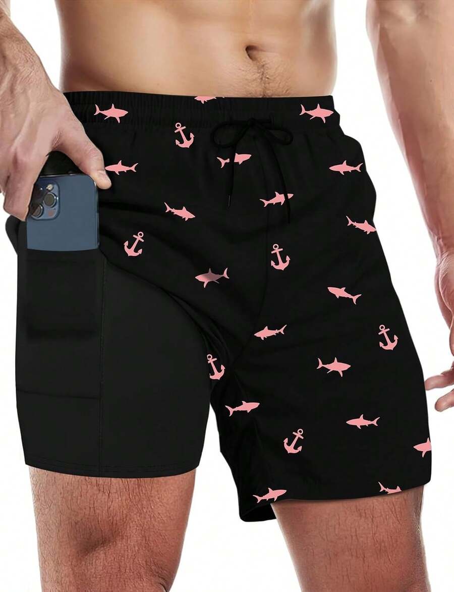 Mens Swim Trunks With Compression Liner 5 Inch Inseam Swim Shorts Quick Dry Mens Swimsuit Board Shorts With PocketsA Valentine's Day NIRT - #Black-shark Anchor - View 1