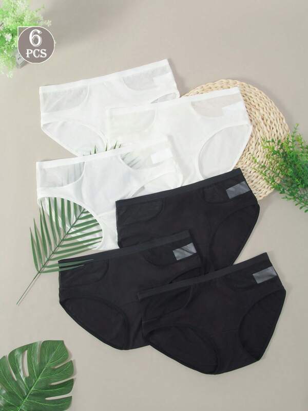 Conjunto de 6 bragas de mujer con malla fina y empalme, de tiro medio, con diseño triangular elástico y sexy. Combinación de bragas de unicolor simples y elegantes.