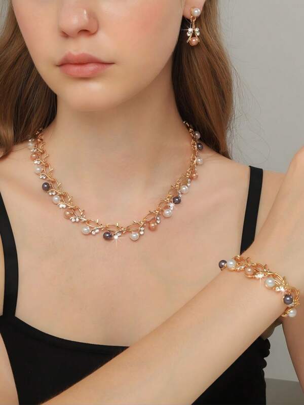 4pcs Women Elegant Faux Pearl & Crystal Jewelry Set Including Necklace, Earrings, Bracelet, Bridal Accessories, Mother's Day Gift