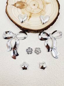 8pcs Set Fashionable Silver Large Bow Asymmetrical Heart DIY Accessories, Shoe Decor, Suitable For Slippers, Sandals, Shoelace Decoration - Silver - View 4
