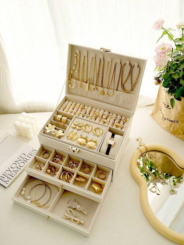 1pc Large Capacity Three-Layer Jewelry Box, PU Leather Jewelry Box, Multi-Function Jewelry Box, Storage Box, Ring Earring Necklace Storage Box, Jewelry Storage Box Jewelry Box, Jewelry Storage Box, Jewelry Rack, Tray, Jewelry Box Necklace Rack