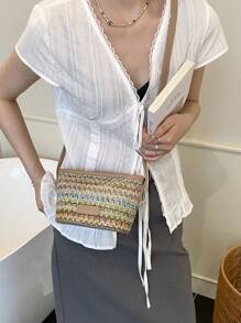 Bolso de cubo de estilo callejero y vacacional tejido de colores, bolso versátil para el hombro para mujeres