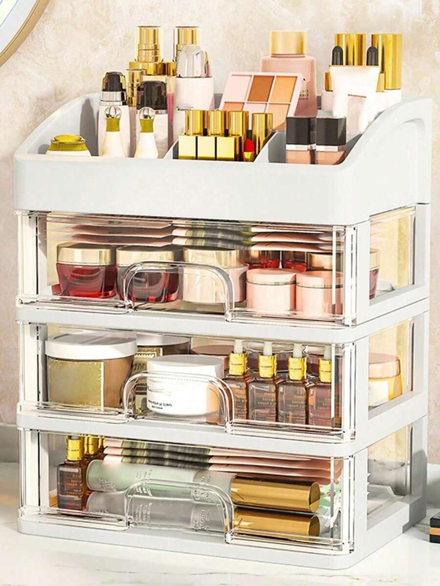1pc Luxury Acrylic Makeup Organizer Box, Holds Skincare, Eyeshadow Brushes, Highlighter Brushes, Foundation, Concealer, Lipstick, Face Masks, Powders, Puffs, Dust-Proof Space-Saving Cosmetic Display Shelf & Storage Box - Clear - View 1