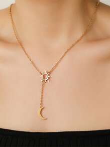 1 Pc Sun & Moon Stainless Steel Pendant Necklace, Minimalist Style Long Chain Necklace, European American Design