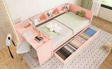 Sairedel Cama plana, cama de madeira, 90x200cm, com secretária, equipada com 2 gavetas, cama individual (sem colchão), com prateleiras, pinho+aglomerado, rosa